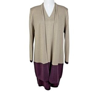 St John Santana Knit 2 Pc Set Dress Cardigan Womens M Beige Purple Jacket VTG